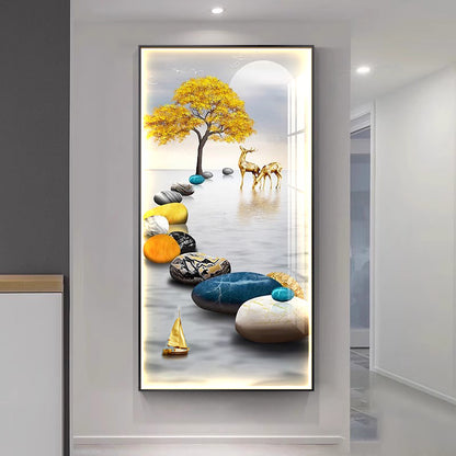 Abstract Golden blue Deer Crystal Porcelain livingroom wall painting LED