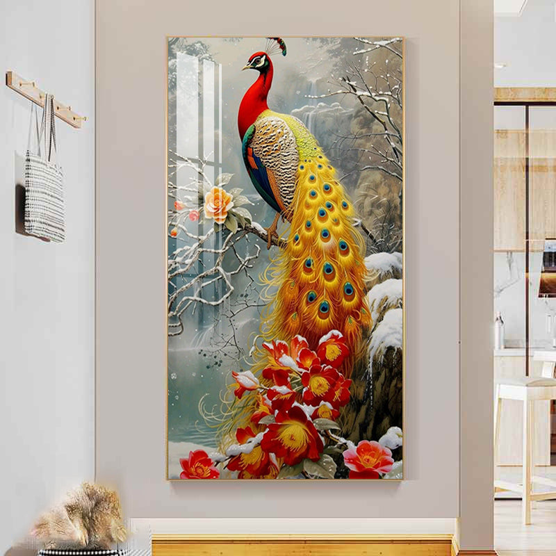 Modern animal home decoration Auspicious Peacock Crystal Porcelain Wall Painting
