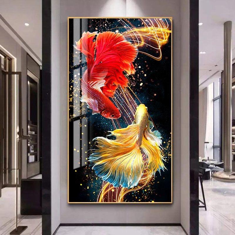 Double fish beautiful wall Crystal porcelain painting Decorative art LED