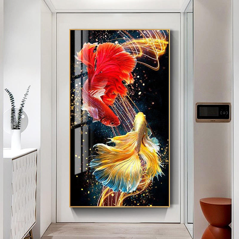 Double fish beautiful wall Crystal porcelain painting Decorative art LED