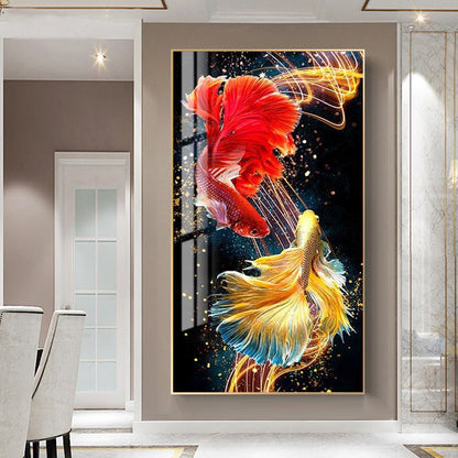 Double fish beautiful wall Crystal porcelain painting Decorative art LED