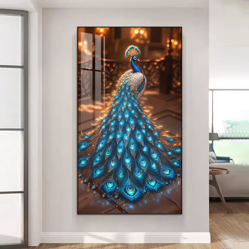 Diamond blue Peacock Wall Crystal Porcelain Painting Decorative art LED