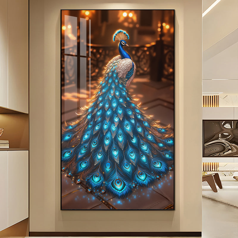 Diamond blue Peacock Wall Crystal Porcelain Painting Decorative art LED