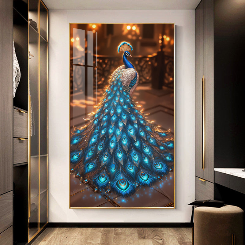 Diamond blue Peacock Wall Crystal Porcelain Painting Decorative art LED