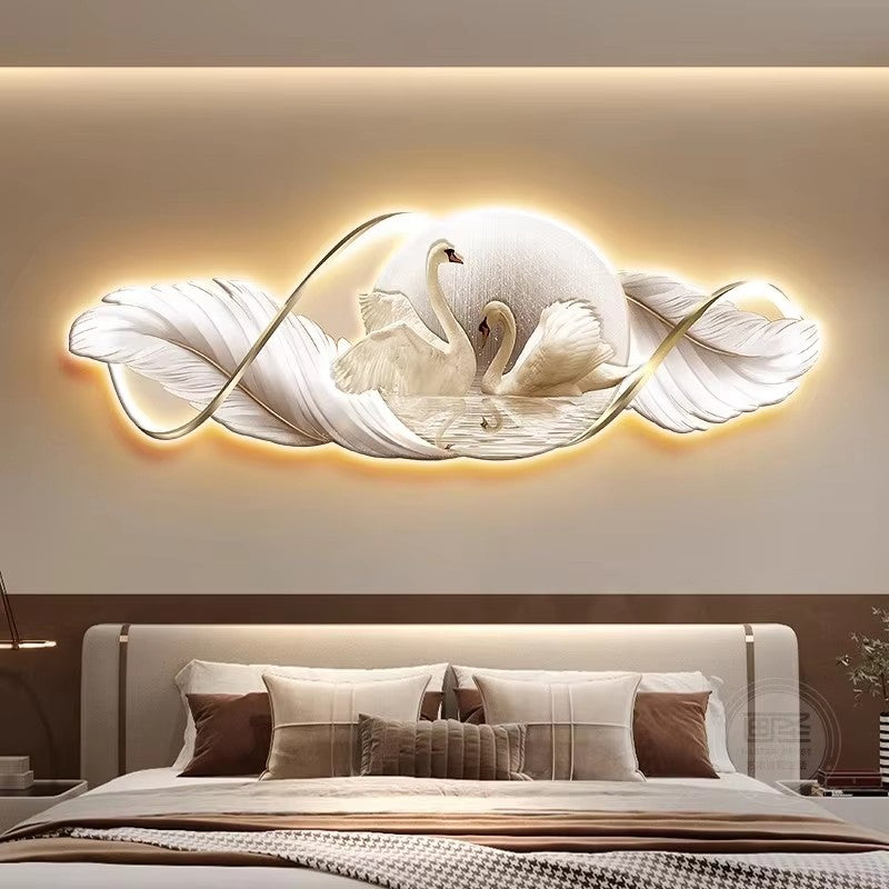 Abstract scene 3D Feather swan decorative murals hanging LED