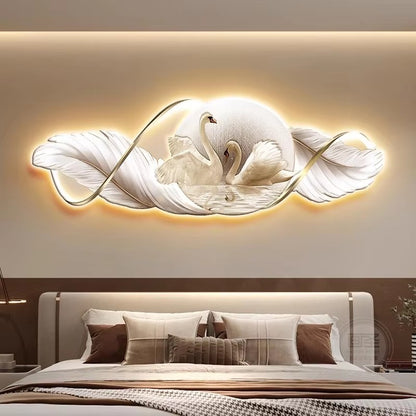 Abstract scene 3D Feather swan decorative murals hanging LED
