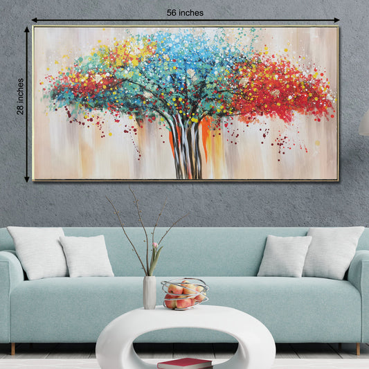 Colourful Graphic Tree Hand Wall Painting For Home (Comes With an Outer Floater Frame) (56 x 28 Inches)
