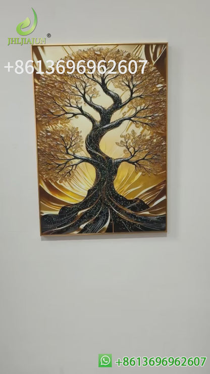 Abstract Landscape Golden Tree Crystal Porcelain decorative wall painting LED