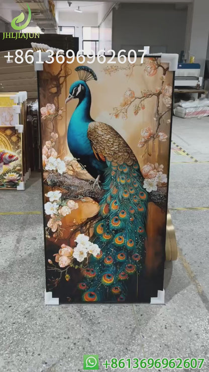 Modern animal home decoration Auspicious Peacock Crystal Porcelain Wall Painting