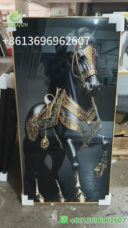 Luxurious Golden Black Horse Crystal Porcelain Painting wall Decorative art LED