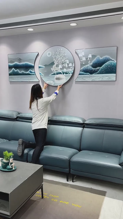 Circle 3in1 Abstract Landscape deer Home Art Crystal Porcelain wall Painting