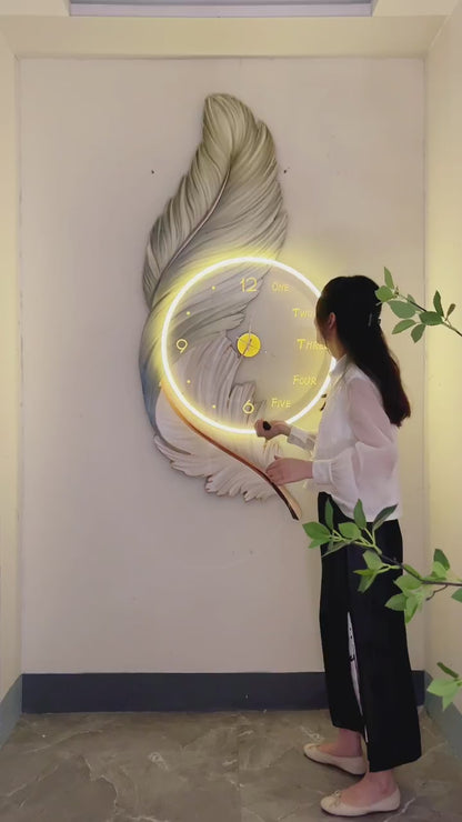 Feather creative design decoration wall painting clock LED