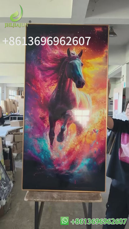 Beautiful Landscape Black Horse Crystal Porcelain Painting Decorative art LED