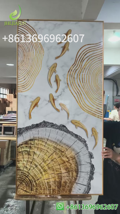 Golden landscape Fish School Landscape Crystal Porcelain Painting Decorative art LED